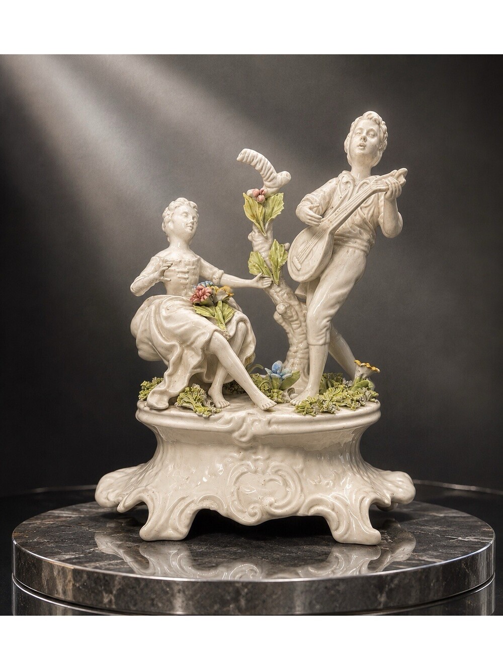 Italy 1950s Porcelain Figurine Capodimonte Style Musicians White, 8x9.5" DAMAGED